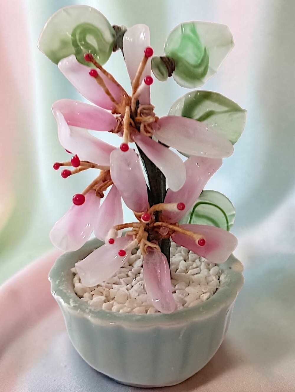 Vtg Mini Jade Glass Bonsai Tree Pink Flowers Rose Quartz Celadon Pot Jadeite